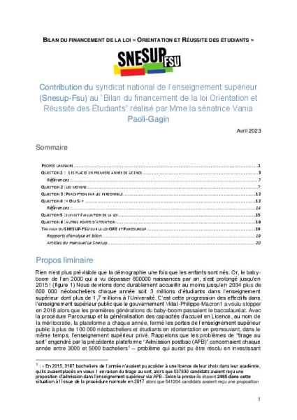 BILAN DU FINANCEMENT DE LA LOI « ORIENTATION ET RÉUSSITE DES ÉTUDIANTS » 