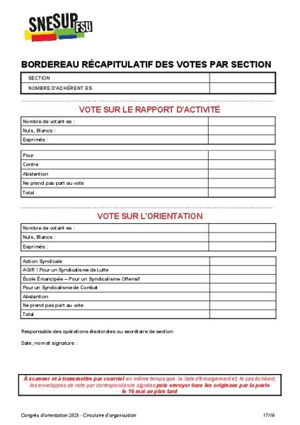 Bordereau récapitulatif des votes par section