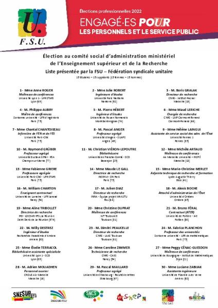 Liste des candidates et candidats FSU pour le CSA MESR