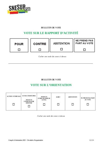 Bulletin de vote pour le congrès d'orientation de juin 2021
