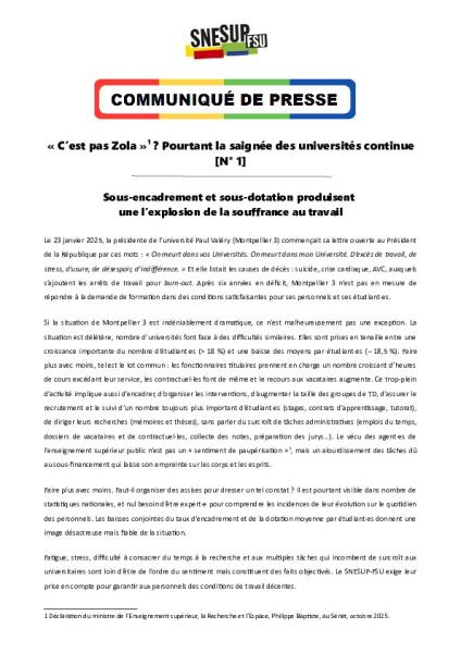 « C’est pas Zola »1 ? Pourtant la saignée des universités continue [N° 1] - Communiqué de presse du SNESUP-FSU du 30 janvier 2026