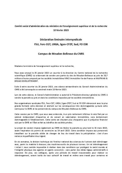 Conseil Social d'Administration du MESR le 10 février 2023 