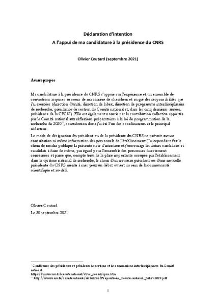 Nomination présidence CNRS - Profession de foi d'Olivier Coutard