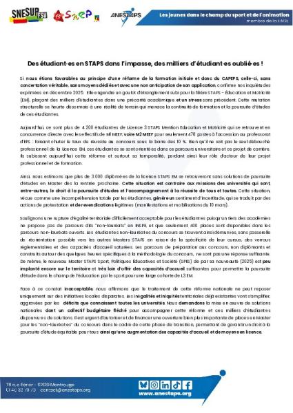 Des étudiant·es en STAPS dans l’impasse, des milliers d’étudiant·es oublié·es ! - Communiqué intersyndical du 25 mars 2026