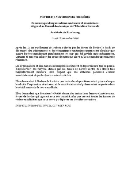 METTRE FIN AUX VIOLENCES POLICIÈRES - Communiqué intersyndical - CAEN de Strasbourg, 17 décembre 2018