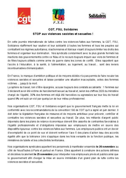 STOP aux violences sexistes et sexuelles ! - Communiqué intersyndical du 4 novembre 2021