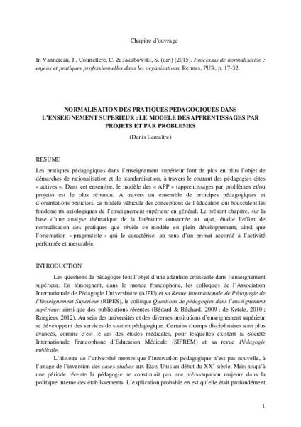 Normalisation des pratiques pédagogiques dans l’enseignement supérieur : le modèle des apprentissages par projets et par problèmes