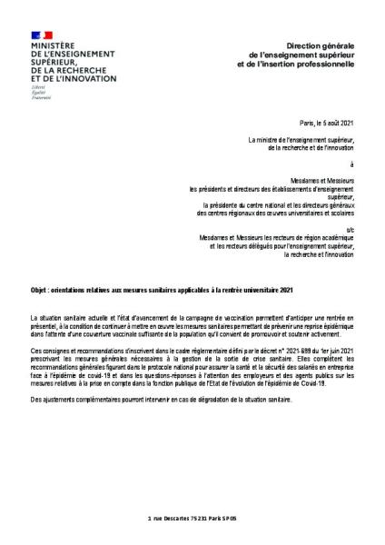 Orientations relatives aux mesures sanitaires applicables à la rentrée universitaire 2021 - Circulaire du MESRI, 5 août 2021