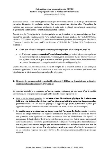 Circulaire ministérielle pour la rentrée universitaire 2020 - 6 août 2020