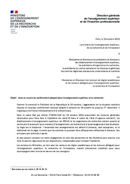Circulaire MESRI "reconfinement"  du 30 octobre 2020