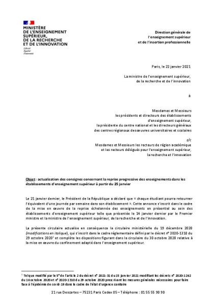 Circulaire de reprise des enseignements du 22 janvier 2021