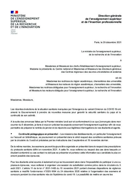 Circulaire sanitaire du 29 décembre 2021 - Direction générale de l’enseignement supérieur et de l’insertion professionnelle