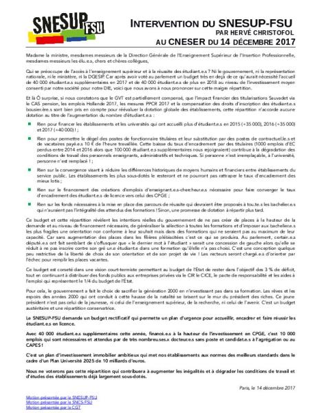 INTERVENTION DU SNESUP-FSU AU CNESER DU 14 DECEMBRE 2017