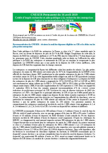 CNESER Permanent du 16 avril 2019 - CIR et aide publique à la recherche des entreprises