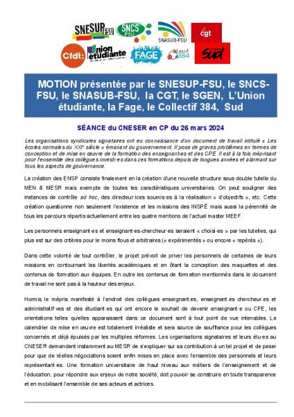 Motion intersyndicale présentée au CNESER en CP du 26 mars 2024