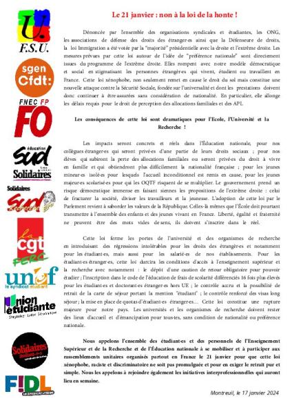 Le 21 janvier : non à la loi de la honte ! - Communiqué interfédéral  du 17 janvier 2024
