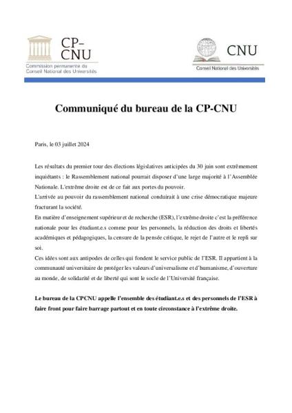 faire barrage à l'extrême droite : communiqué de la CP-CNU du 3 juillet 2024