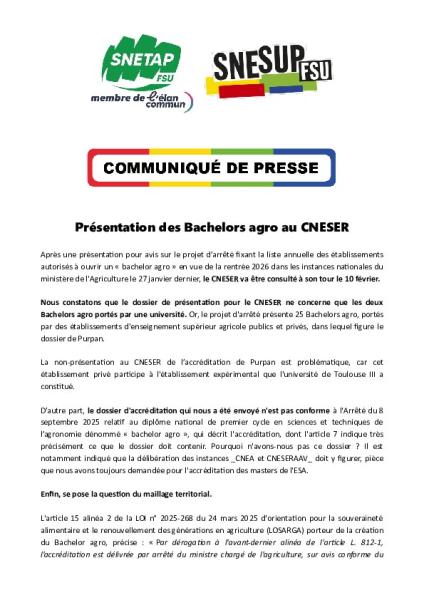 Présentation des Bachelors agro au CNESER - Communiqué SNESUP/SNETAP-FSU du 9 février 2026