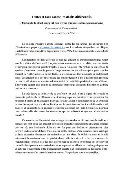 UNIVERSITE STRASBOURG - Toutes et tous contre les droits différenciés - Communiqué intersyndical du 29 avril 2026