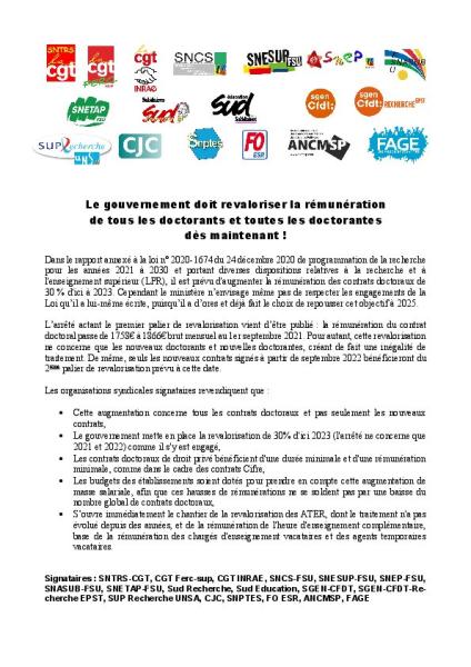 Le gouvernement doit revaloriser la rémunération de tou·tes les doctorant·es - communiqué intersyndical du 28 octobre 2021
