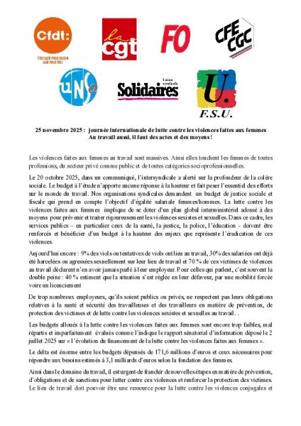 25 novembre 2025 : journée internationale de lutte contre les violences faites aux femmes Au travail aussi, il faut des actes et des moyens ! - Communiqué intersyndical