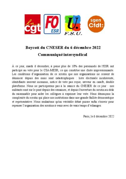 Boycott du CNESER du 6 décembre 2022 - Communiqué intersyndical du 6 décembre 2022