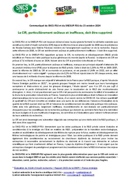 Le CIR, particulièrement coûteux et inefficace, doit être supprimé - Communiqué du SNCS-FSU et du SNESUP-FSU du 15 octobre 2024