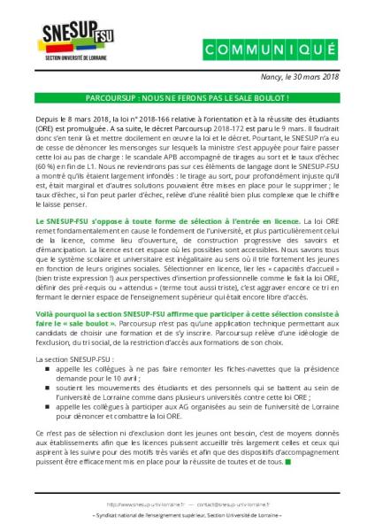 Université de Lorraine : « PARCOURSUP : NOUS NE FERONS PAS LE SALE BOULOT ! » Communiqué de la section SNESUP-FSU