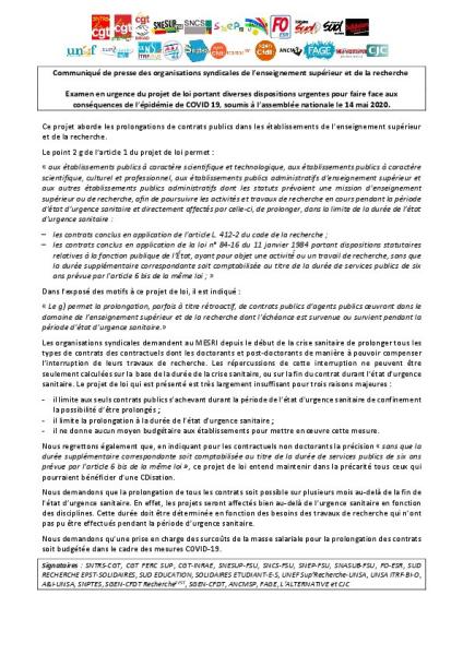 Communiqué intersyndical ESR sur le projet de loi « portant diverses dispositions urgentes pour faire face à l'épidémie de covid-19 » soumis à l’assemblée nationale le 14 mai 2020