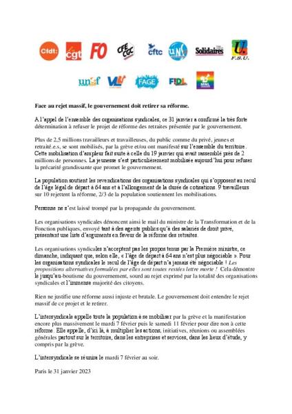 Face au rejet massif, le gouvernement doit retirer sa réforme. - communiqué interprofessionnel du 31 janvier 2023
