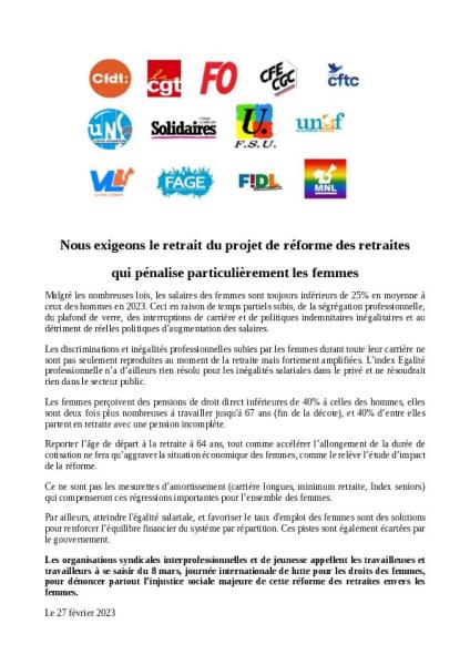 Grève féministe du 8 MARS : communiqués unitaire, FSU et  intersyndical  du 27 février 2023 