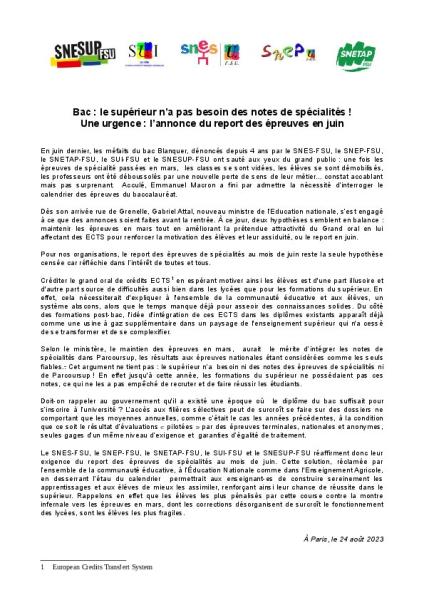 Bac : le supérieur n’a pas besoin des notes de spécialités ! Une urgence : l’annonce du report des épreuves en juin - Communiqué de presse du 24 août 2023