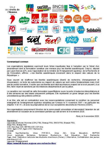 Pour une recherche libre - Communiqué commun  LDH du 9 novembre 2020