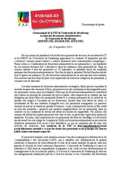 FSU de l'Université de Strasbourg - communiqué du 19 septembre 2022