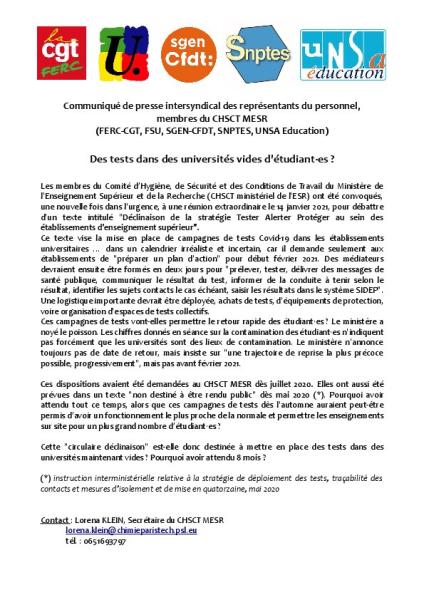 Des tests dans des universités vides d'étudiant·es ? - Communiqué de presse intersyndical du 14 janvier 2021