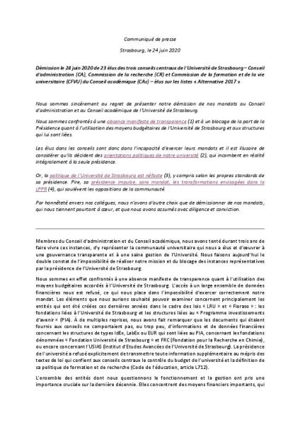 Démission de 23 élus des trois conseils centraux de l’Université de Strasbourg – Communiqué de la section SNESUP-FSU, 24 juin 2020