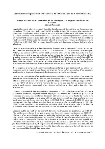 Violences sexistes et sexuelles à l'ENS de Lyon : un rapport accablant de l'IGESR.  Et maintenant ? - Communiqué Snesup-FSU de l'ENS Lyon du 5 novembre 2021