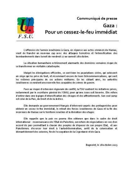 Gaza : Pour un cessez-le-feu immédiat - Communiqué de presse FSU du 28 octobre 2023