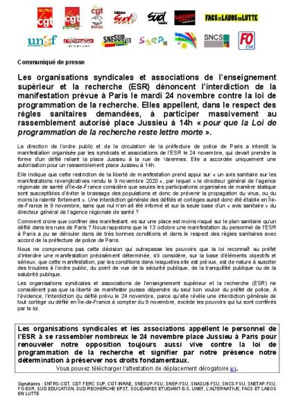 L'intersyndicale dénonce l'interdiction de la manifestation prévue à Paris le 24 novembre - CP intersyndical du 23 novembre 2020