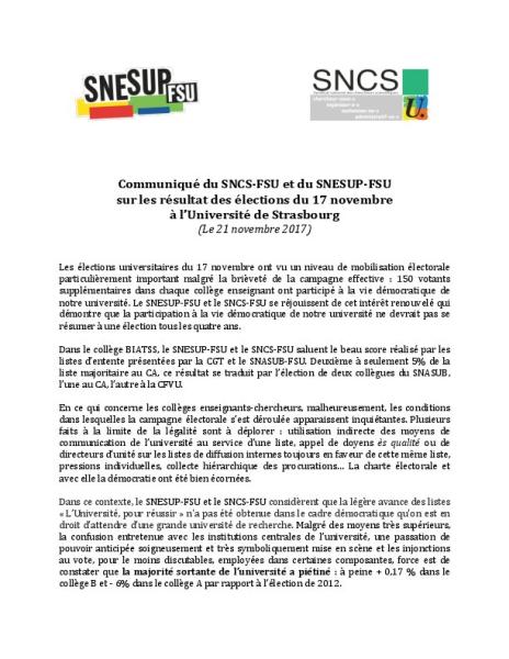 Élections du 17 novembre à l'Université de Strasbourg : Communiqué du SNCS-FSU et du SNESUP-FSU