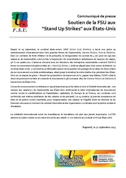 Soutien de la FSU aux "Stand Up Strikes" aux États-Unis - Communiqué de presse FSU du 27 septembre 2023
