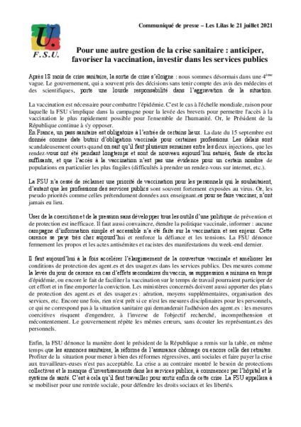 Pour une autre gestion de la crise sanitaire : anticiper, favoriser la vaccination, investir dans les services publics - Communiqué de presse de la FSU 21 juillet 2021