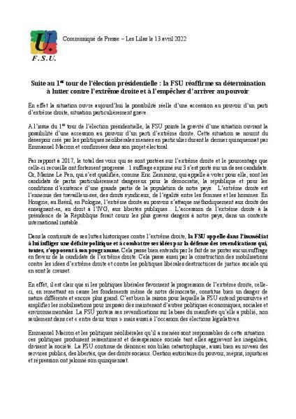 Suite au 1er tour de l’élection présidentielle : la FSU réaffirme sa détermination à lutter contre l’extrême droite et à l’empêcher d’arriver au pouvoir - Communiqué de presse FSU du 13 avril 2022