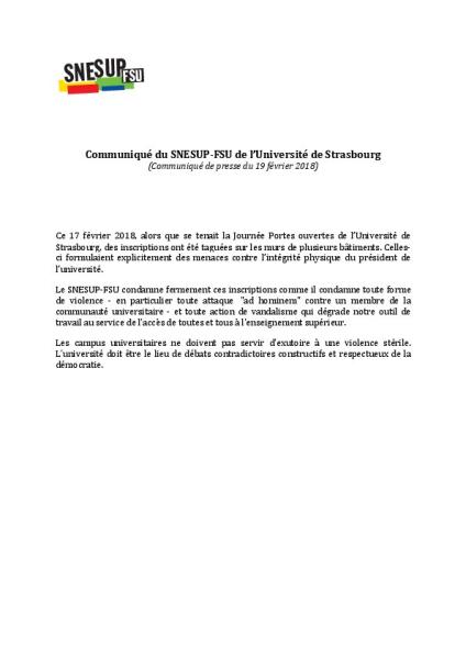 Communiqué de presse de la section SNESUP-FSU de l’Université de Strasbourg