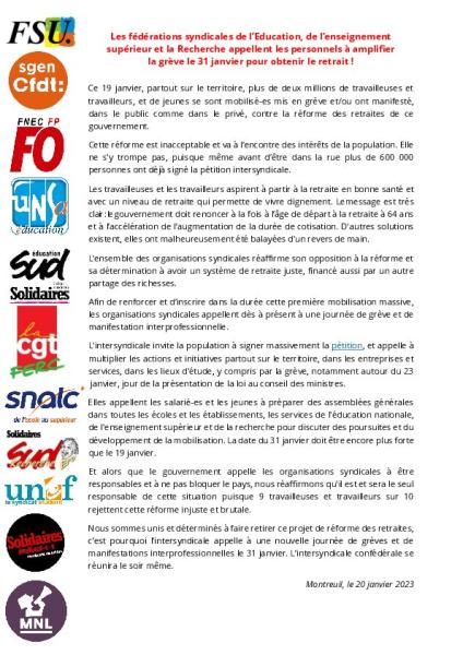 Les fédérations syndicales de l’Éducation, de l’enseignement supérieur et la Recherche appellent les personnels à amplifier la grève le 31 janvier pour obtenir le retrait ! -  Communiqué interfédéral du 20 janvier 2023 