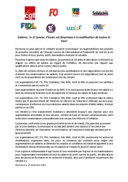  27 janvier 2022 : journée interprofessionnelle unitaire pour les salaires, les pensions, les conditions de travail et l’emploi 