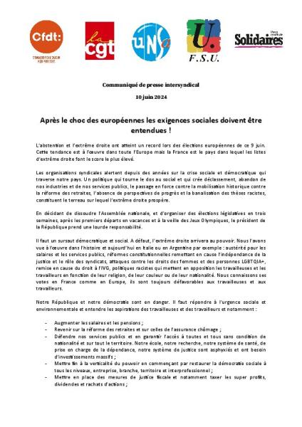 Après le choc des européennes les exigences sociales doivent être entendues ! -  Communiqué de presse intersyndical du 10 juin 2024