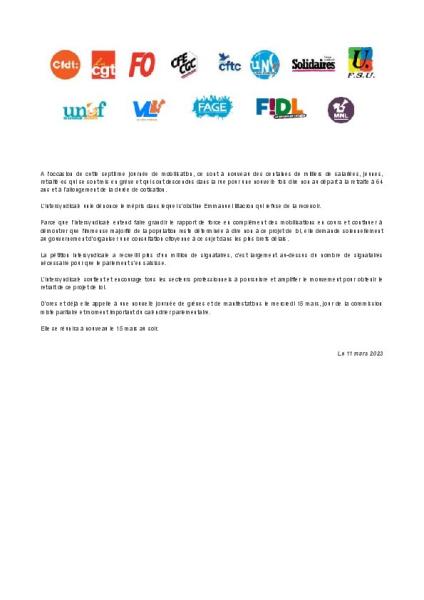 Le 15 mars et après, maintenons la pression ! - Communiqué intersyndical du 11 mars 2023