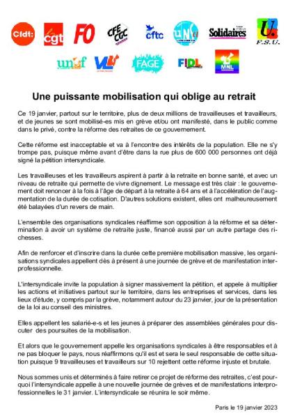 Une puissante mobilisation qui oblige au retrait - Communiqué intersyndical 