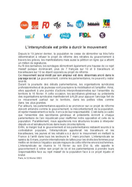 L'intersyndicale est prête à durcir le mouvement- Communiqué de l'intersyndicale du 11 février 2023